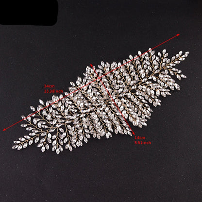 Close-up of silver bridal crown tiara with leaf design showing product dimensions in centimeters and inches