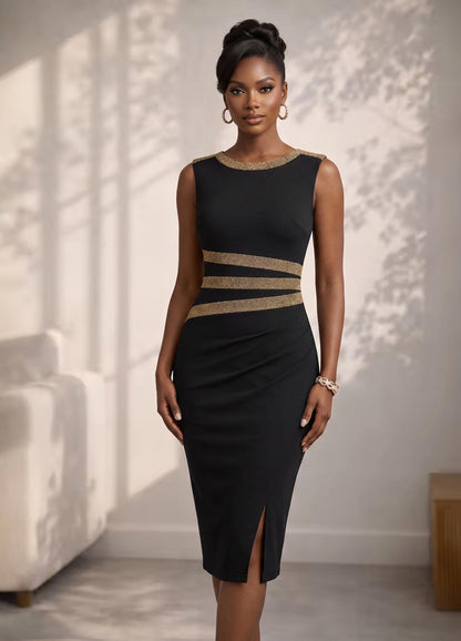 Elegant Sleeveless Dress with Gold Accent and Split