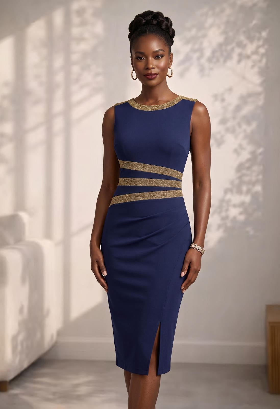 Elegant Sleeveless Dress with Gold Accent and Split
