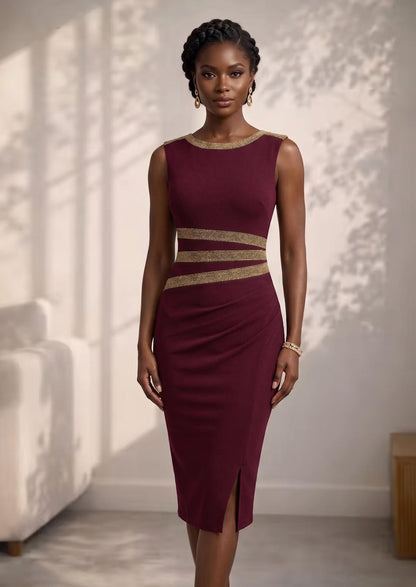 Elegant Sleeveless Dress with Gold Accent and Split