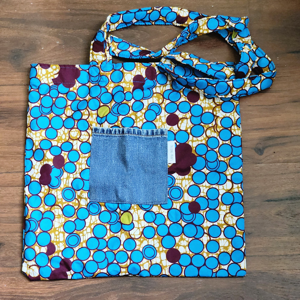 Handmade tote bag with denim pocket