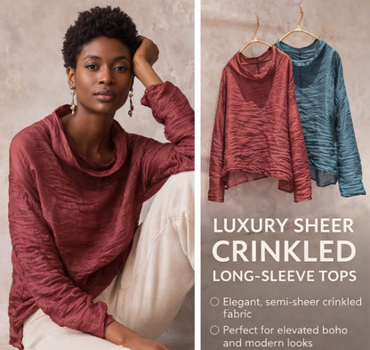 Sheer Crinkled Long-Sleeve Draped Top for Luxe Style