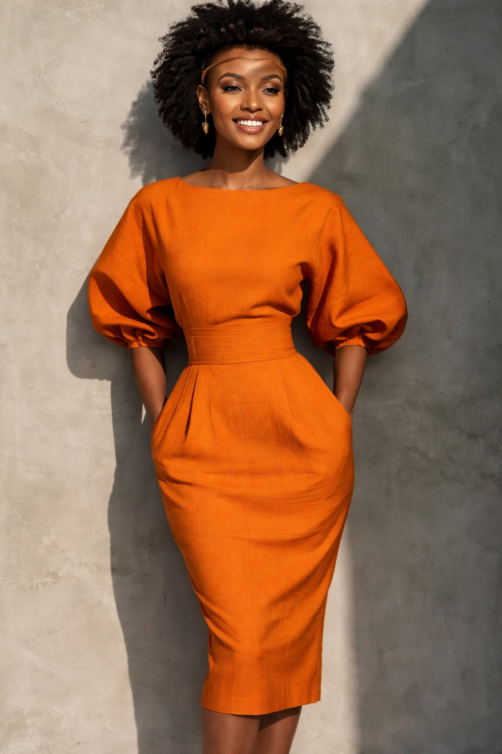 Woman wearing an orange dress against a textured wall.