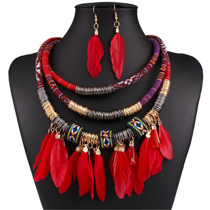 Crimson Cascade: Afrocentric Beaded Necklace and Earrings Set