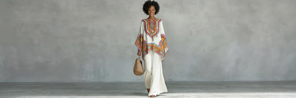 A woman modeling a white kaftan-style tunic with colorful geometric embroidery and a matching white wide-leg skirt, holding a tan shoulder bag against a textured gray studio backdrop.