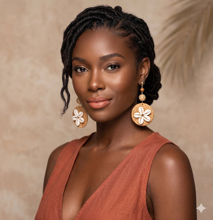 Handmade Rattan &amp; Cowrie Shell Drop Earrings | Boho Beach Statement Jewelry | Natural Woven Wicker Dangle Earrings with Wood Beads