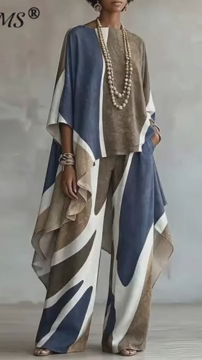 Women Abstract Print 2 Piece Matching Set Tank Top  Asymmetric Wide Leg Pants Suit Timeless Bohemian