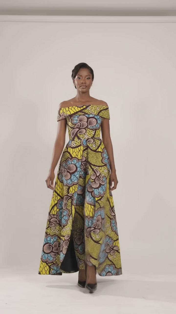 Stylish African Pantsuit for Women Yellow/Blue Floral