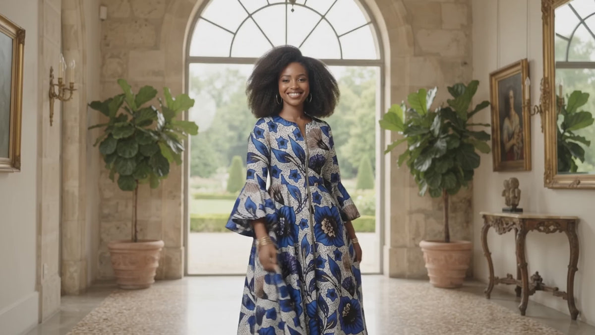 Floral Ankara Maxi Dress for Women - Bell Sleeves &amp; Zipper and Headwrap