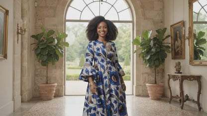 Floral Ankara Maxi Dress for Women - Bell Sleeves &amp; Zipper and Headwrap