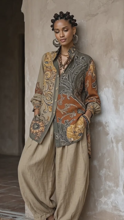 Pantset Outfit Long Sleeve Cotton/Linen Vintage Print with Loose Wide-leg Pants