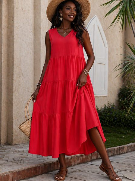 tiered summer dress Women's Boho V Neck Maxi Hem Layered Beach Dress for Vacation and Summer,XXL,Red Katalina Pink And White Color:Deep Burgundy Get ready to be modest maxi dresses