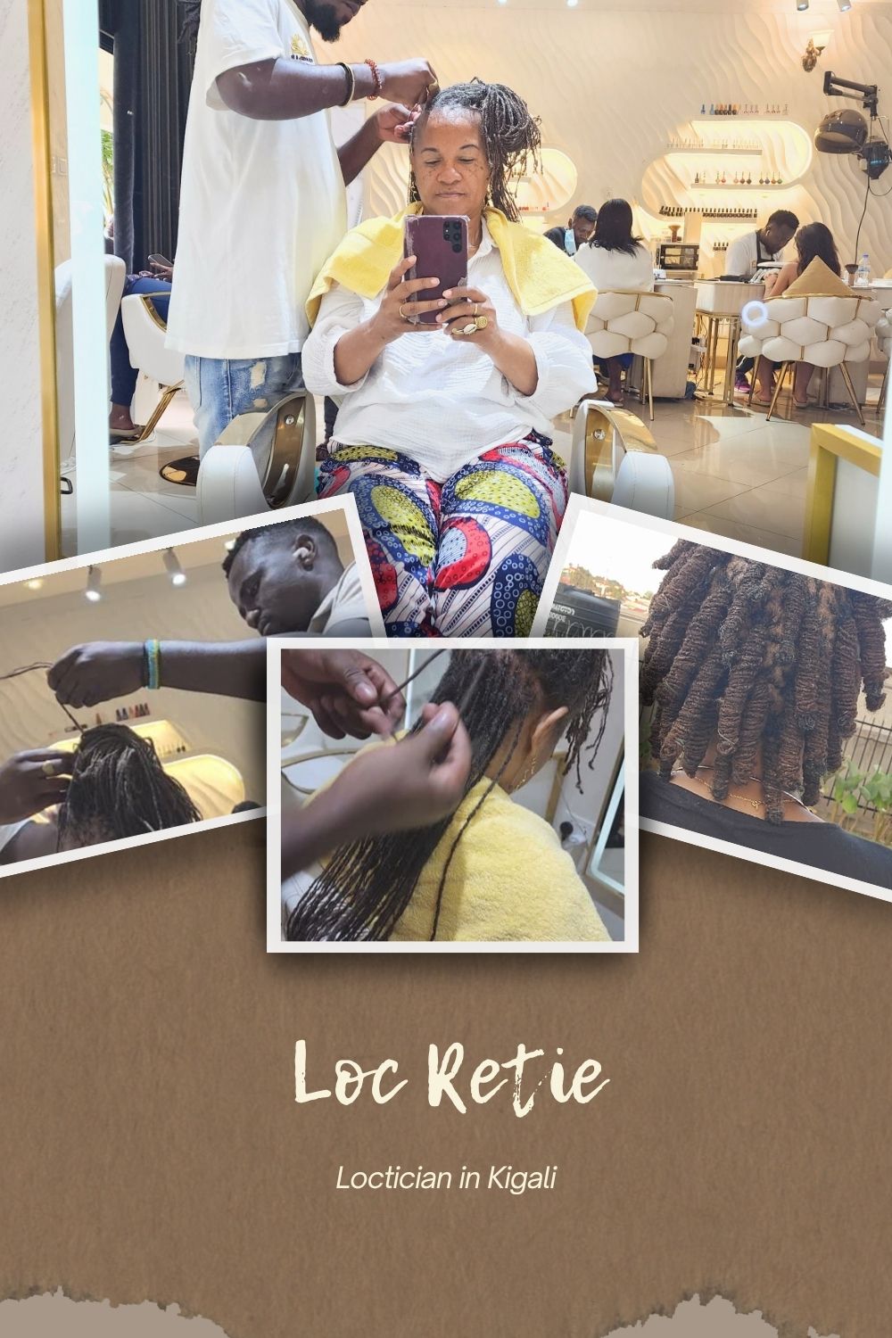 Collage of a person getting their Micro Locs retied at a Loctician in Kigali, Rwanda
