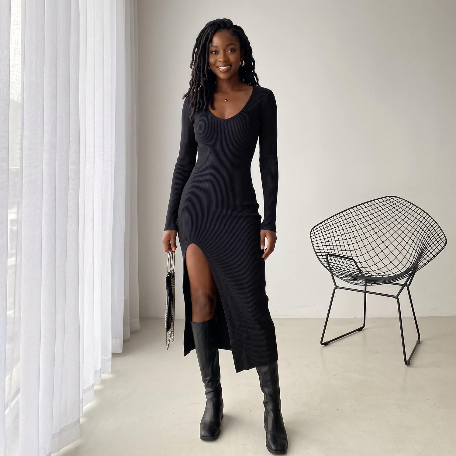 Robe côtelée à encolure en V simplement élégante