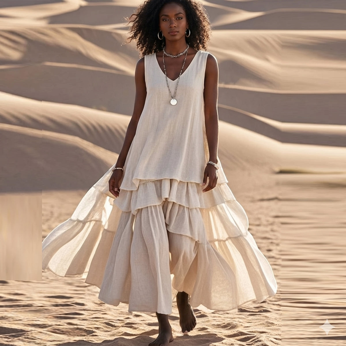 beige sun dress Sahara Tiered Linen Maxi Size:US 24Plus  / UK 28 / EU 54 Suitable For notsale Long Sleeve Formal A-Line