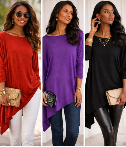 Asymmetric Womens Top with O Neck and Long Sleeves