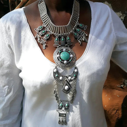 Bohemian Silver Statement Necklace with Turquoise Accents
