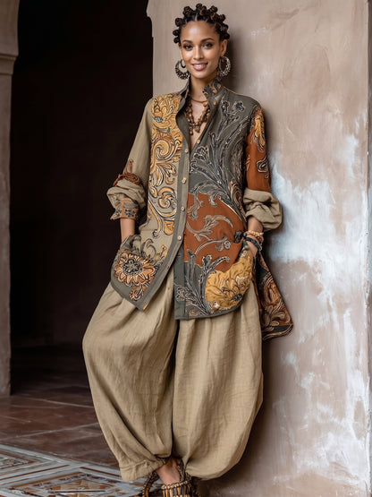 Pantset Outfit Long Sleeve Cotton/Linen Vintage Print with Loose Wide-leg Pants