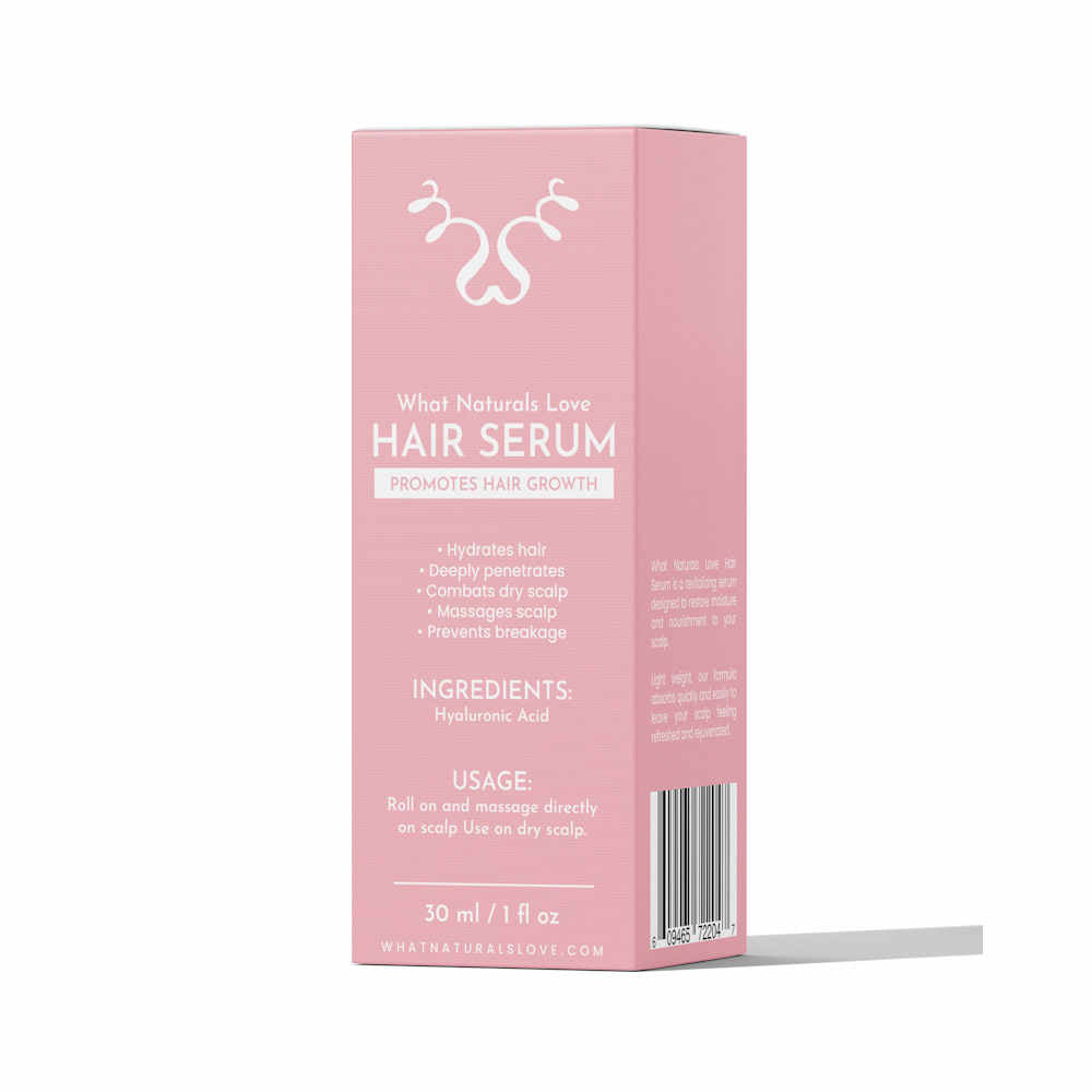 What Naturals Love Hair Serum packaging in pink. Promotes hair growth, deeply penetrates scalp, and prevents breakage with hyaluronic acid.