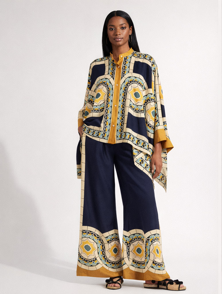 Women Casual High Waist Print Loose Shirt And Trouser 2PCS Suit Summer Retro Buttons Top Wide Leg Pants Ladies Outfit Streetwear