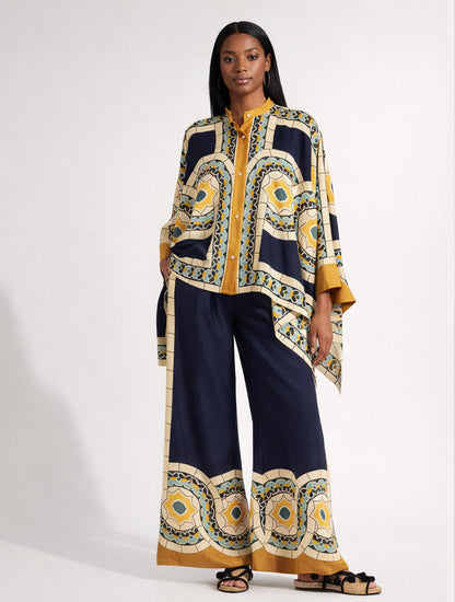 Women Casual High Waist Print Loose Shirt And Trouser 2PCS Suit Summer Retro Buttons Top Wide Leg Pants Ladies Outfit Streetwear