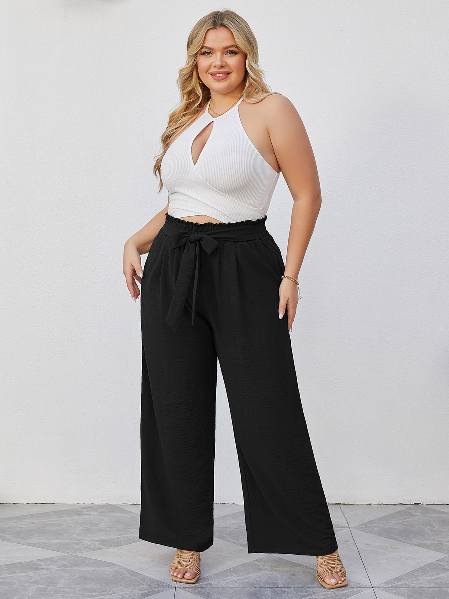 High Waist Wide Leg Palazzo Pants with Pockets with Loose Belt and super Flowy