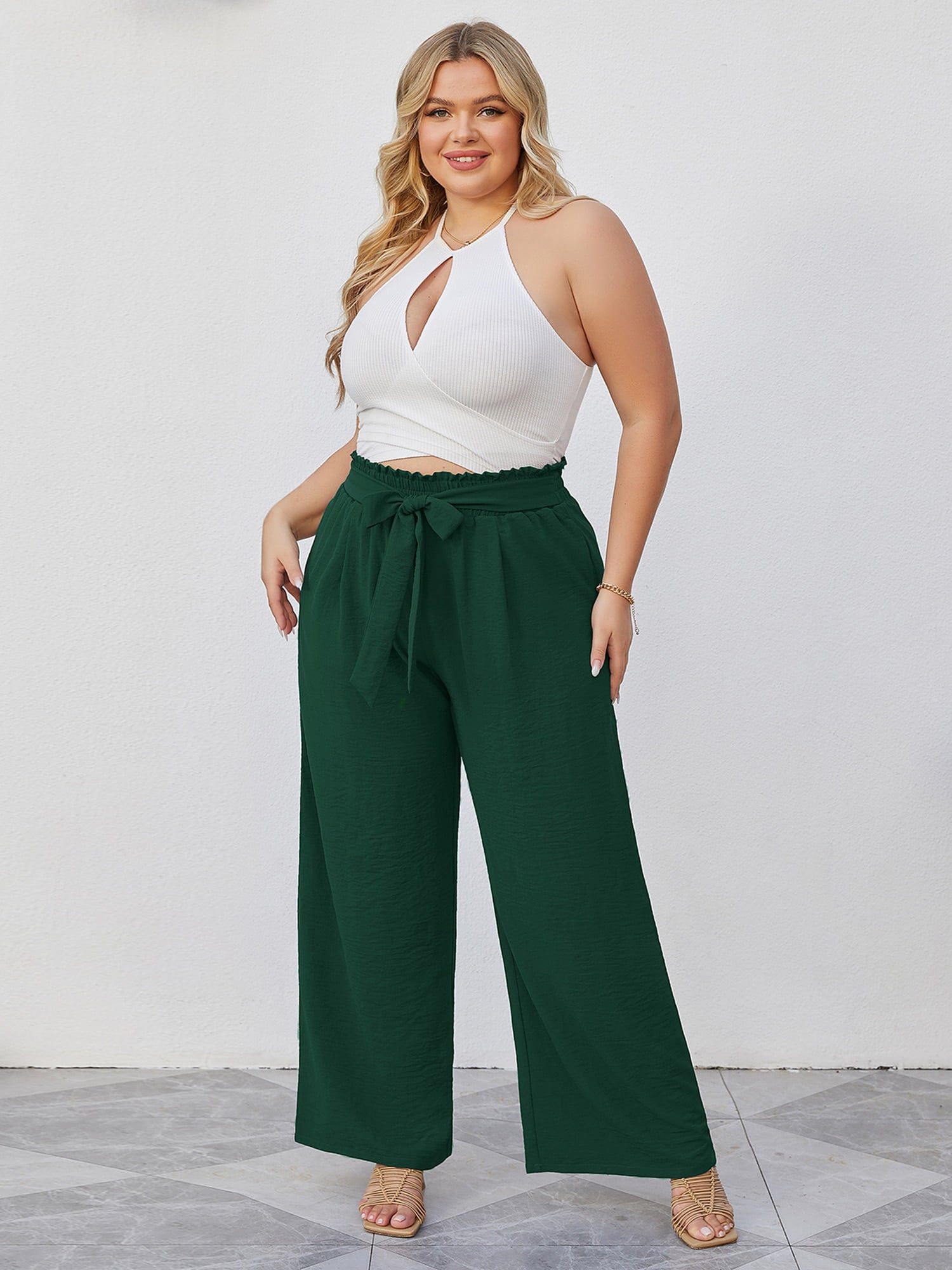 High Waist Wide Leg Palazzo Pants with Pockets with Loose Belt and sup –