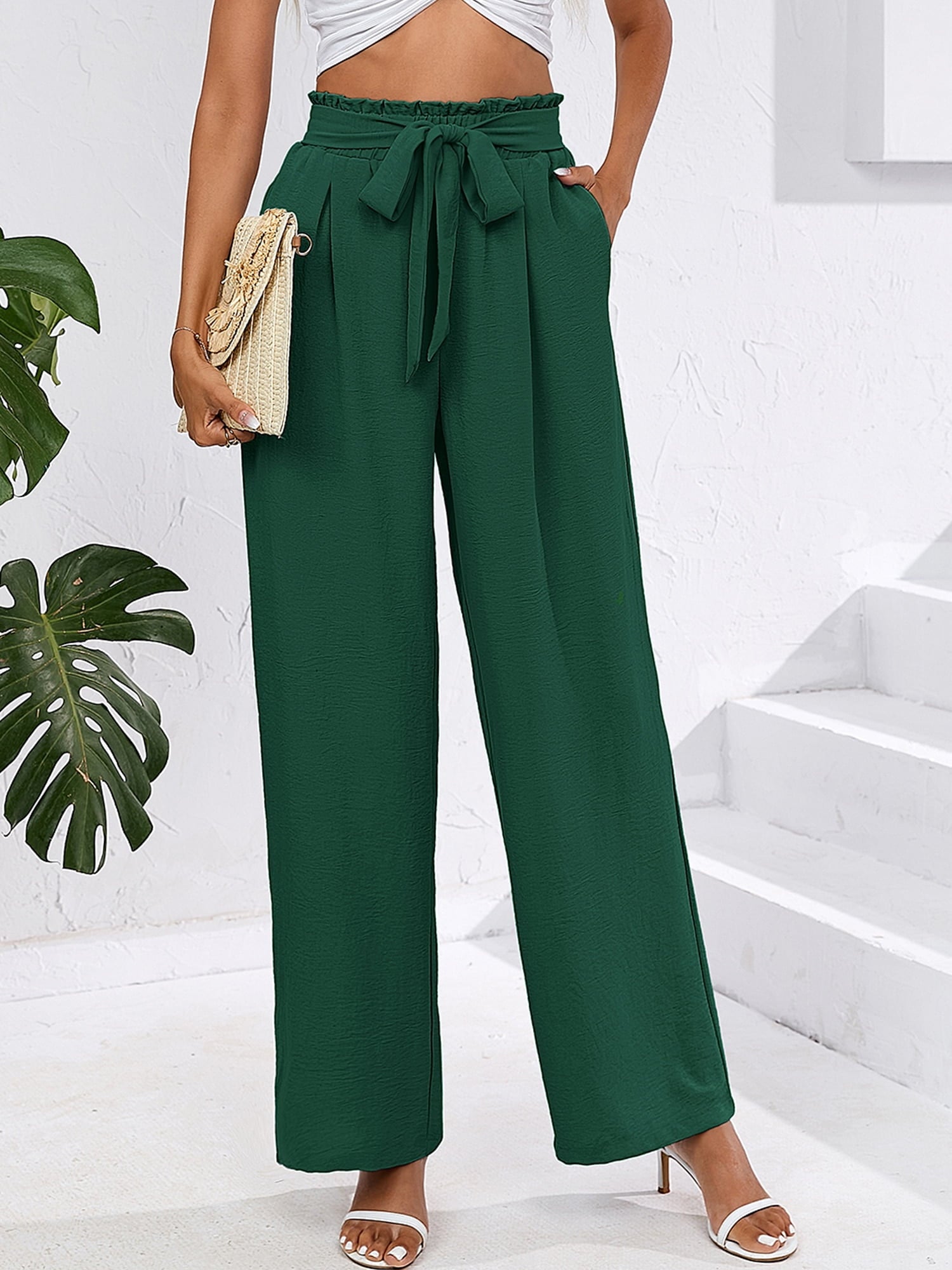 High Waist Wide Leg Palazzo Pants with Pockets with Loose Belt and super Flowy