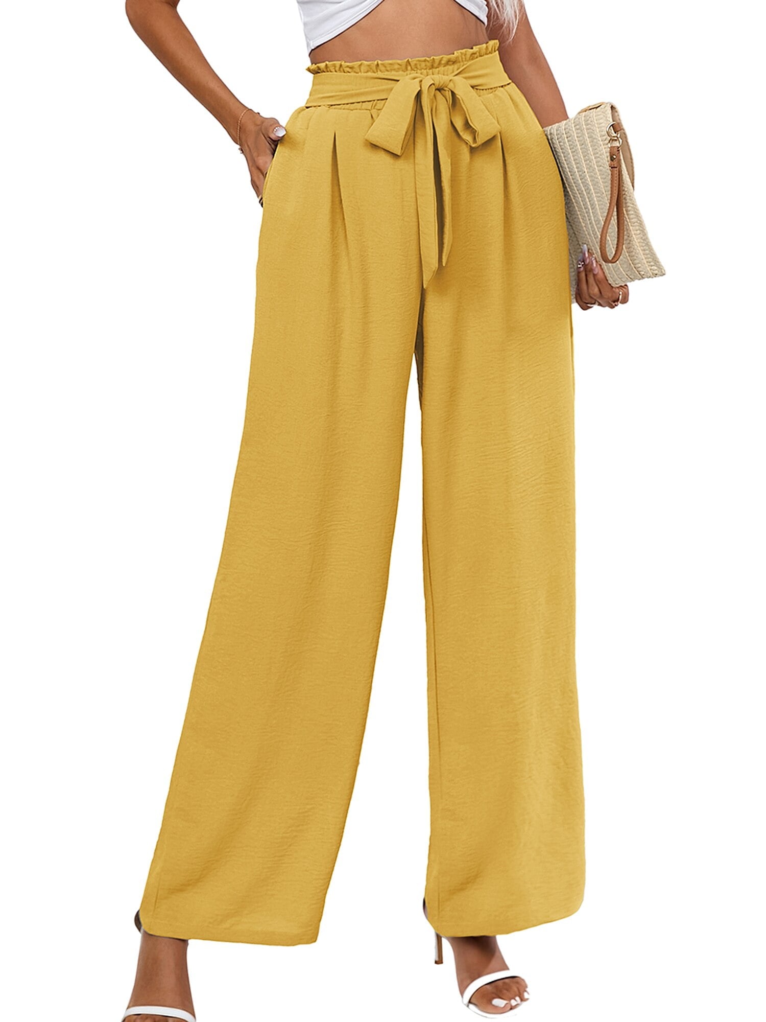 Women's Wide Leg Pants Lightweiht Adjustable Waist Bow Tie Loose Comfortable  Casual Trousers with Sweatpants, Beige, Small : : Clothing, Shoes  & Accessories