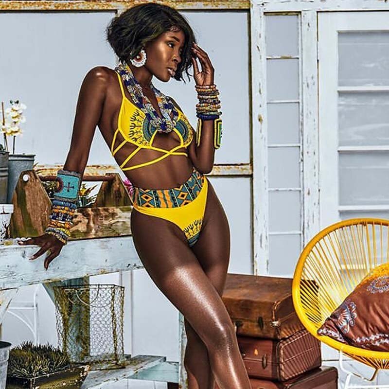 Yellow African Print High waist Bathing Suit for all sizes