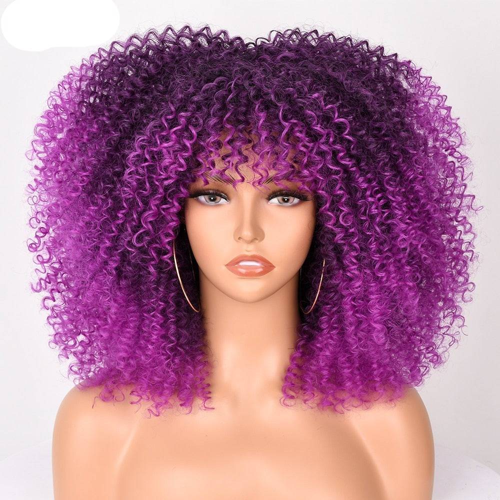 Afro Kinky Curly Wig With Bangs For Black Women 16&