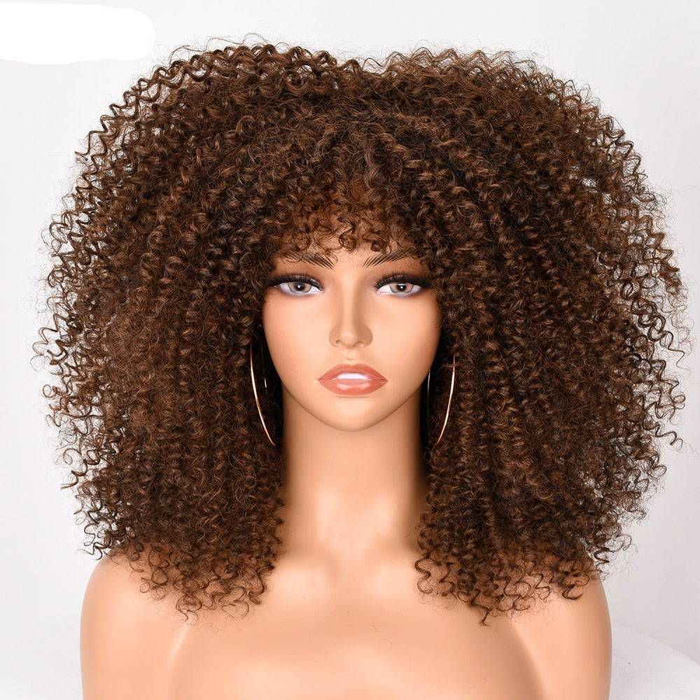 Afro Kinky Curly Wig With Bangs For Black Women 16&