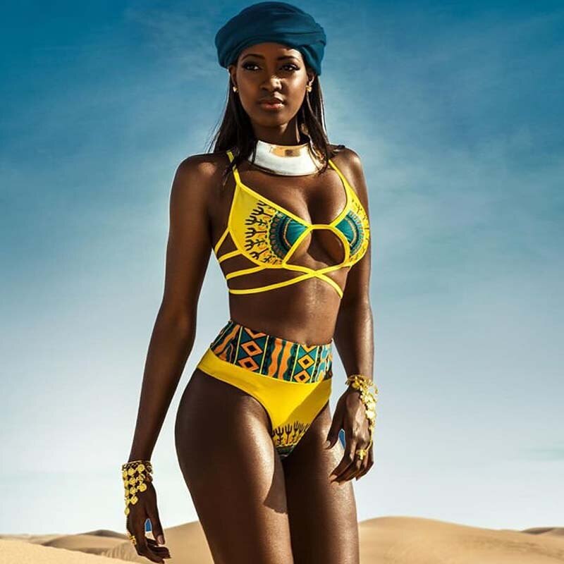 Yellow African Print High waist Bathing Suit for all sizes