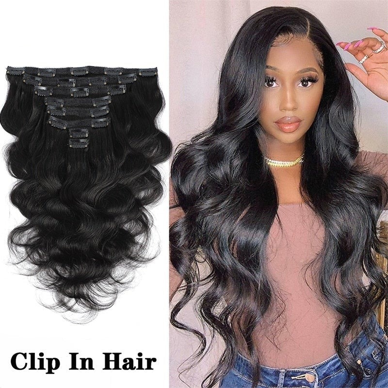 Remy Hair Clip In Brazilian Body Wave extensions Natural Black Color Clip Ins 8-26 Inch 120G