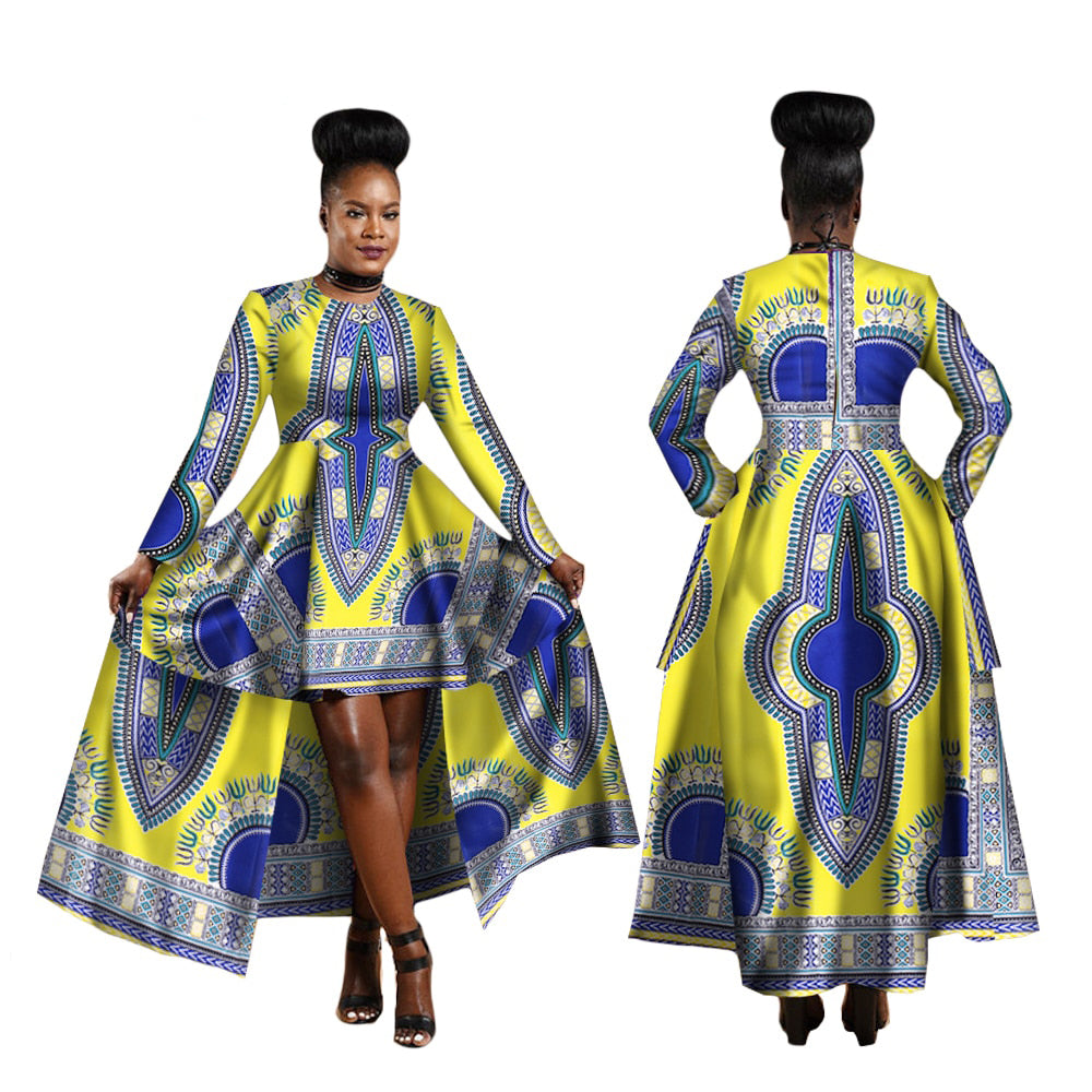 Hi-Low African Dashiki Maxi Dress Yellow and Blue to adorn all bodies from XS to 6X