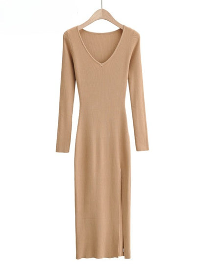 Simply Elegant V-neck Ribbed Dress