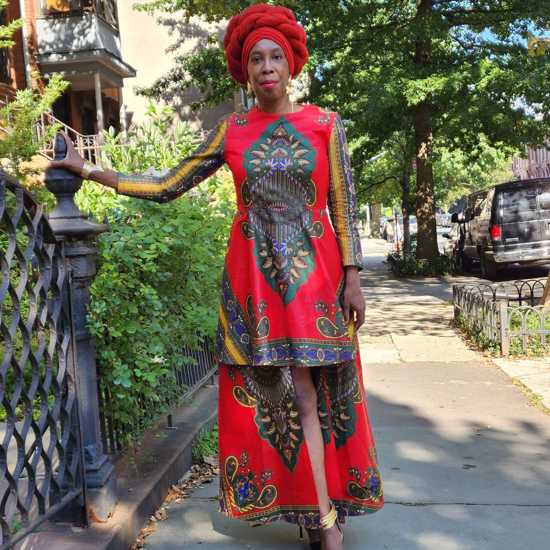 African Hi-Low Dashiki Dress Green, Gold and Red to adorn all bodies from XS to 6X