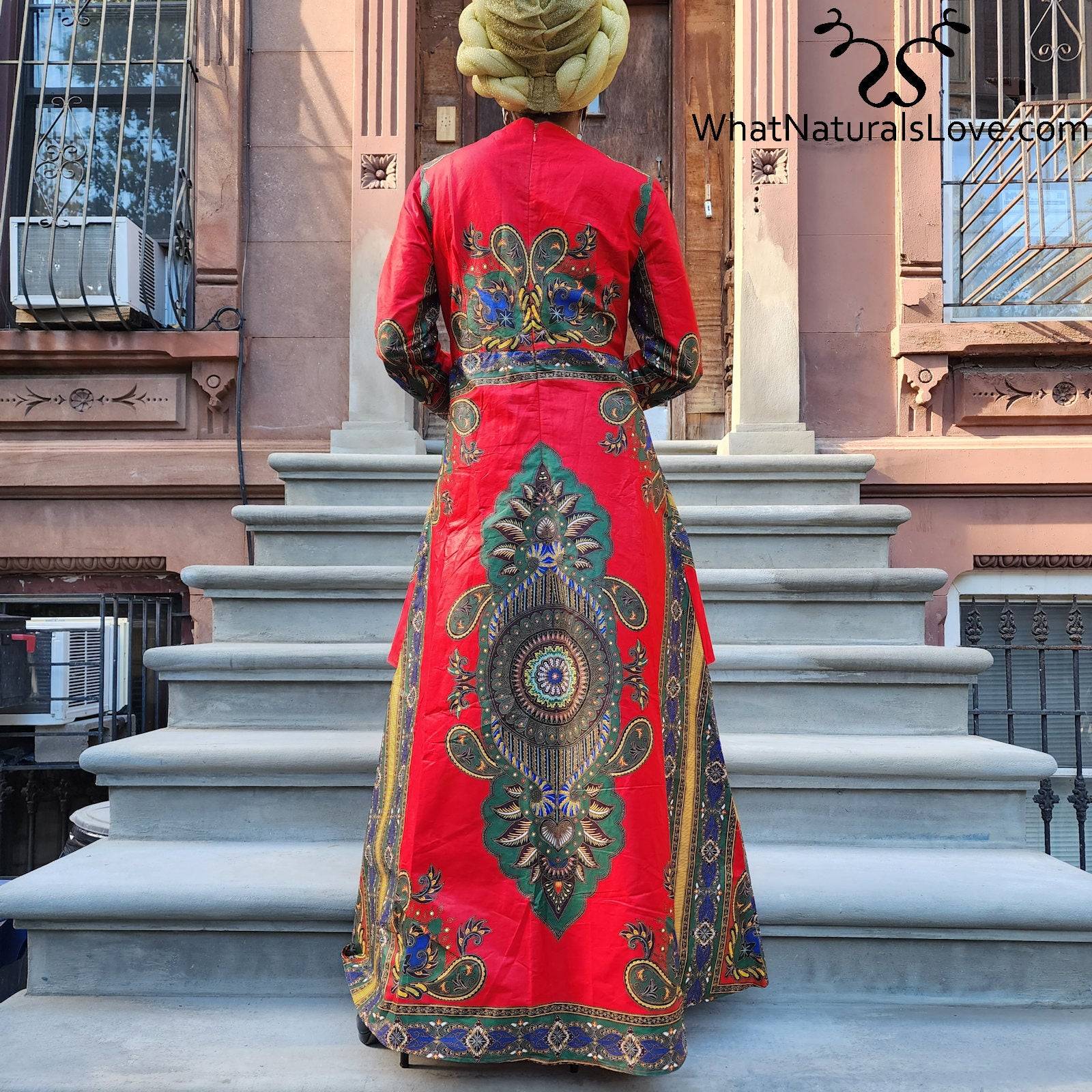 Robe Africaine Hi-Low Dashiki Vert, Or et Rouge pour orner toutes les morphologies du XS au 6X