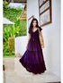 Elegant gypsy tiered summer maxi dress in deep purple with a stretch bodice, ruffled sleeves, and flowing silhouette, perfect for all sizes.