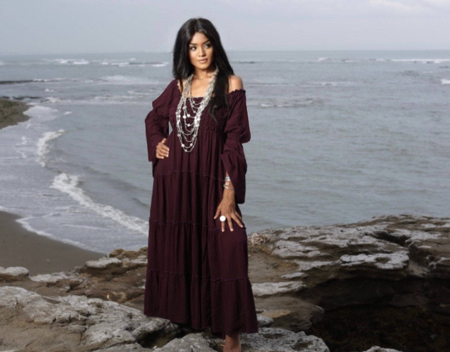 burgundy boho maxi dress Burgundy Linen Maxi Dress with Pockets & Tie Waist, Long Sleeve