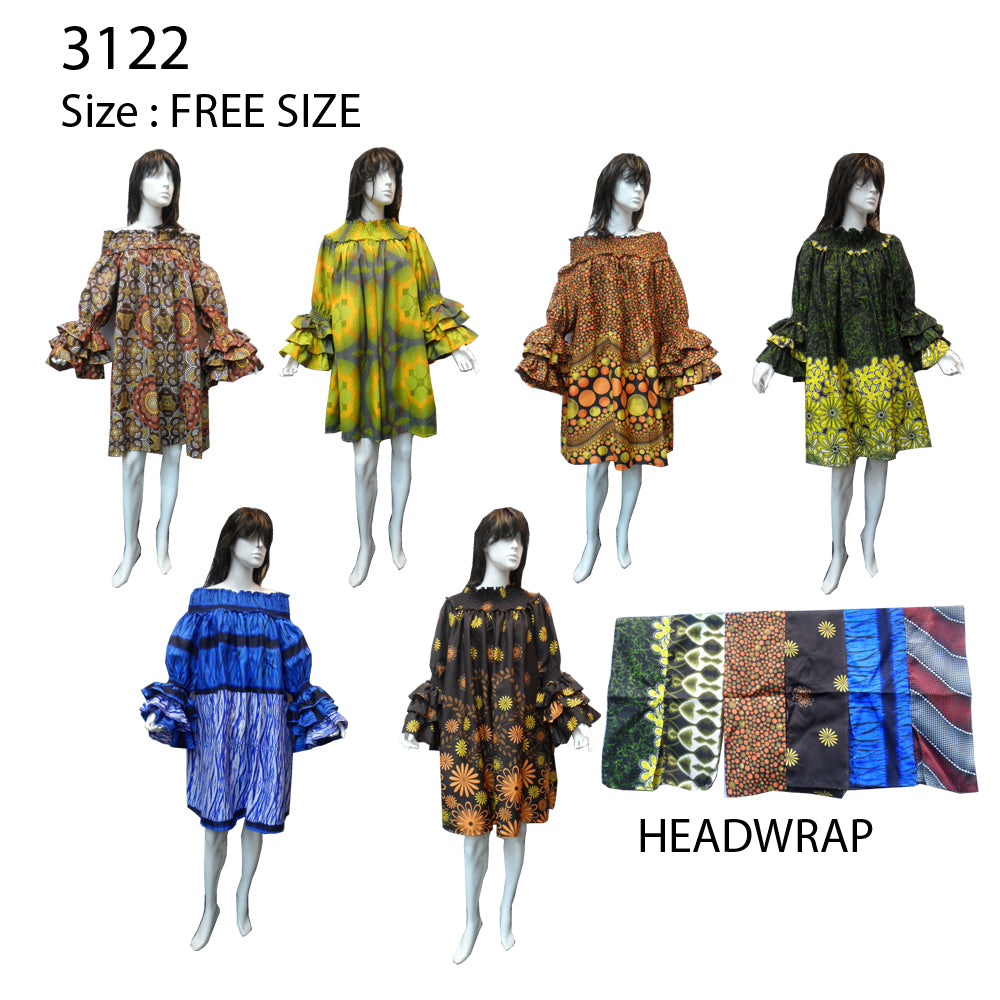 Off-shoulder midi-jurk Afrikaanse print met headwrap